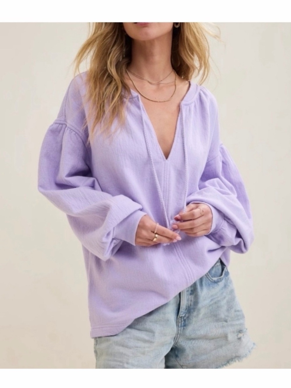 New Aerie Easy Street Sweatshirt sweater top Boho Balloon Sleeve Lavender V-Neck